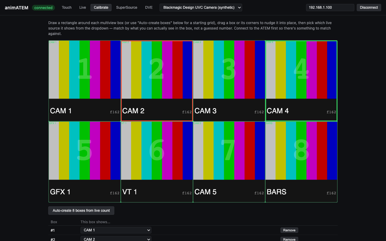 The Calibrate tab, with eight boxes mapped onto the multiview grid and a source assigned to each.