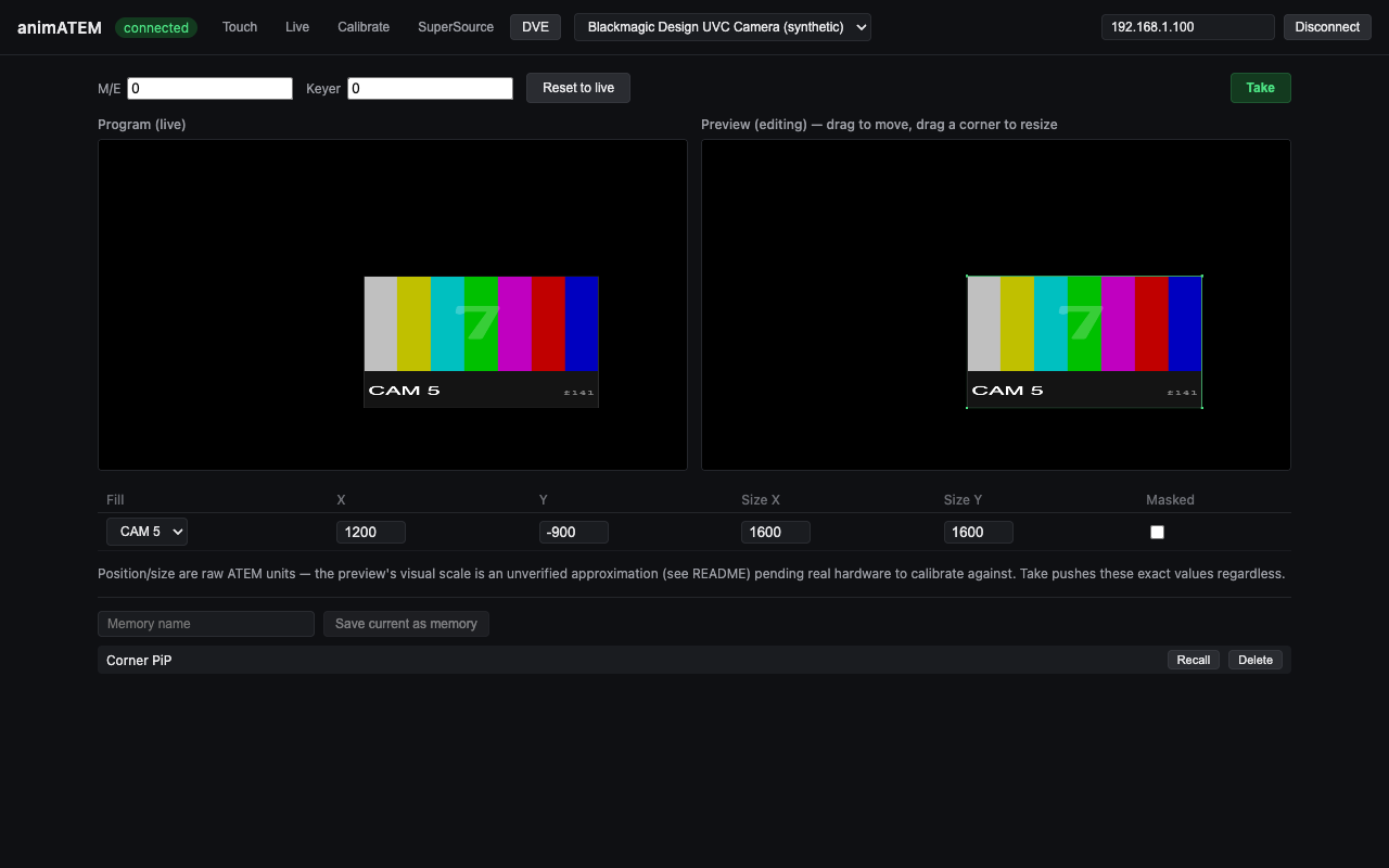 The DVE tab. Unlike SuperSource, a DVE box has independent width and height.