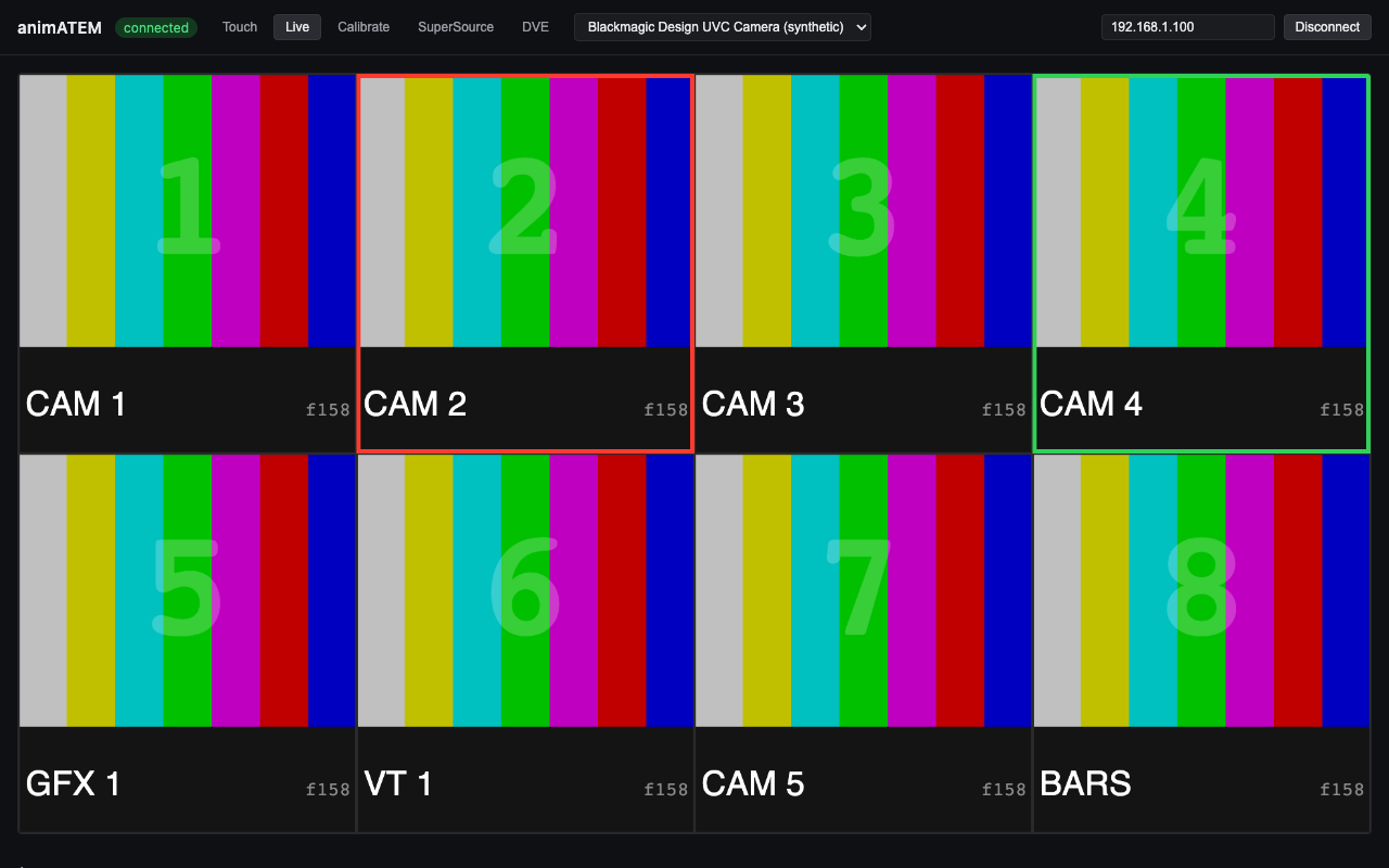 The Live tab: the switcher’s multiview, split back into its individual sources. Red is program, green is preview.