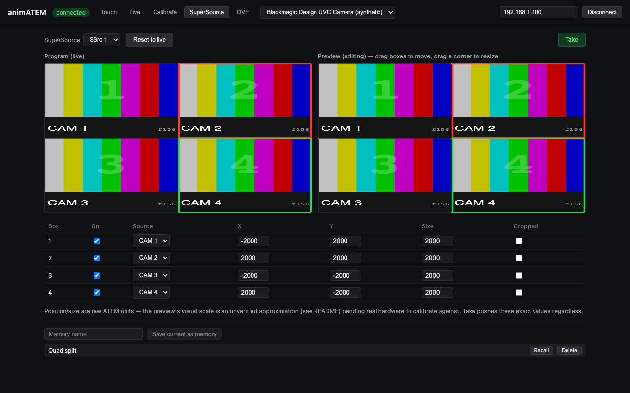 The SuperSource tab: Program on the left, an editable Preview on the right, and the raw box values underneath.