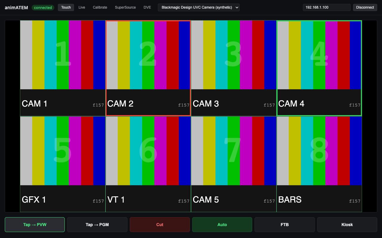 The Touch tab — a full-bleed source grid with the transition controls on a bottom bar.