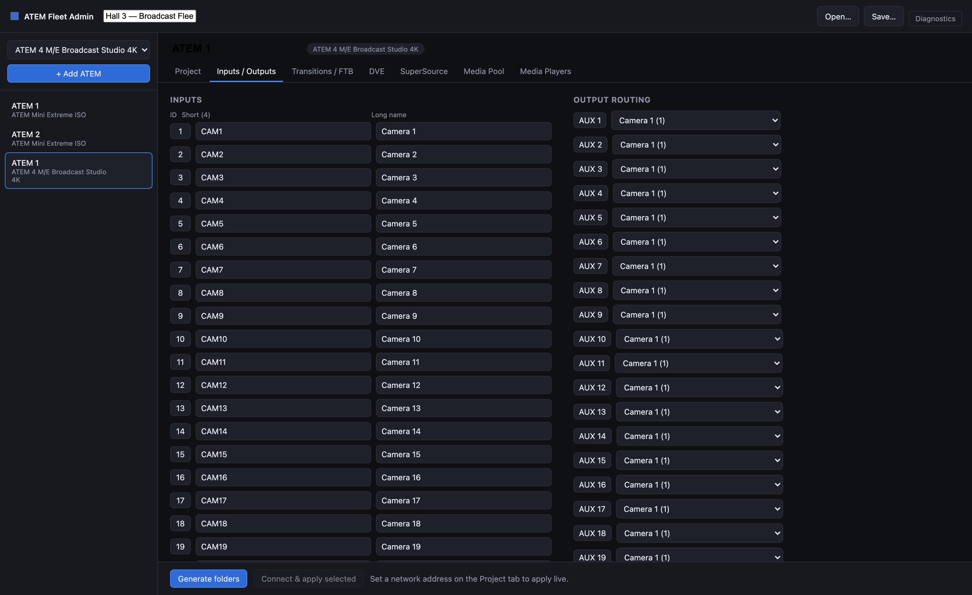 The Inputs / Outputs tab of a three-switcher fleet: input short and long names on the left, AUX output routing on the right, and the device list down the side.