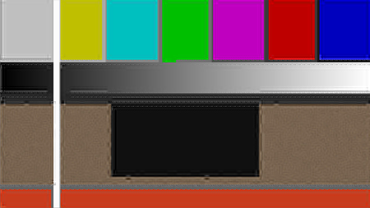The test card through the coder at half a bit per pixel: colour bars with a faint block ripple, a grey ramp, a dark block whose edges ring, and a textured field reduced to its coarse structure