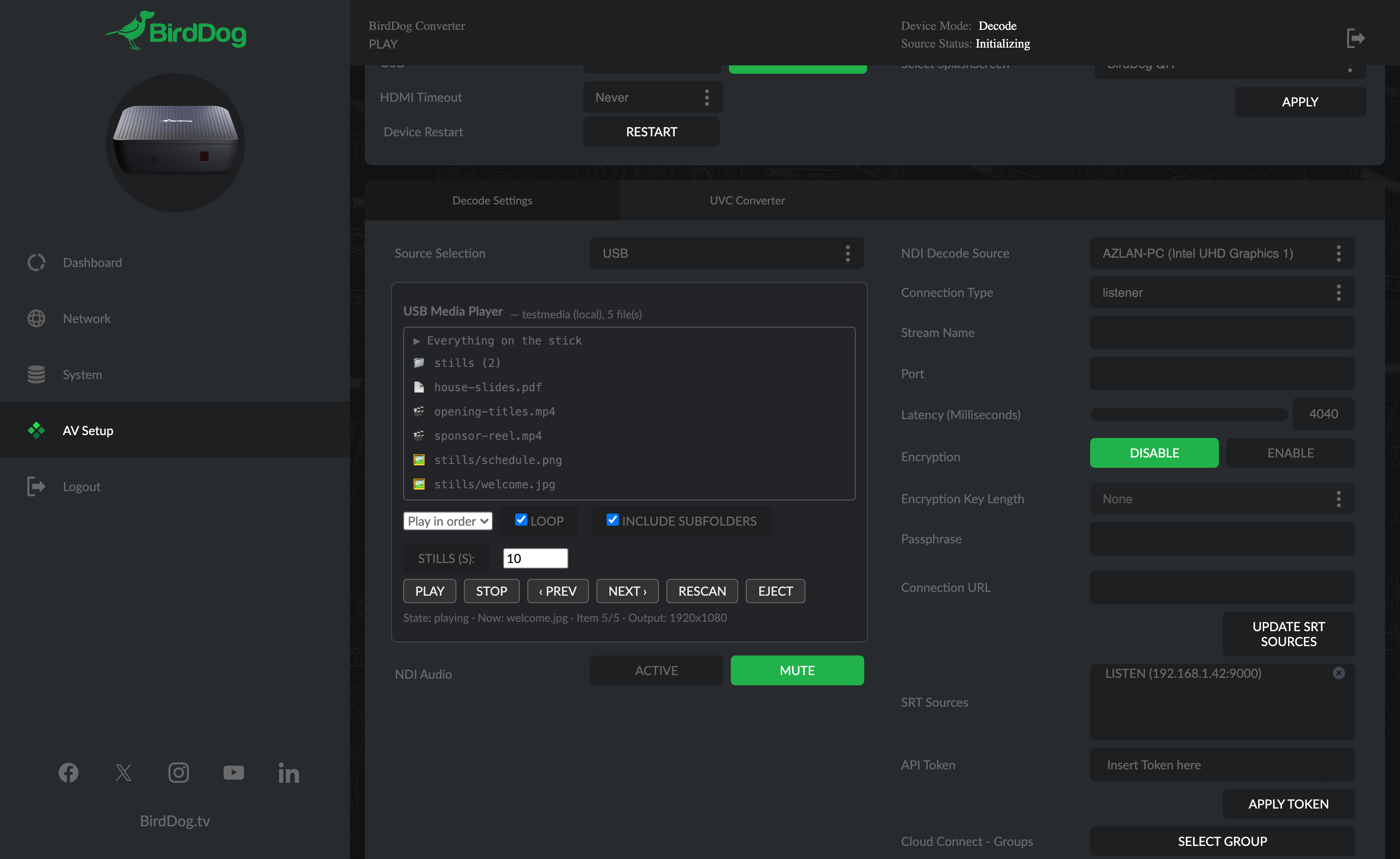 The USB media player panel inside the stock AV Setup page