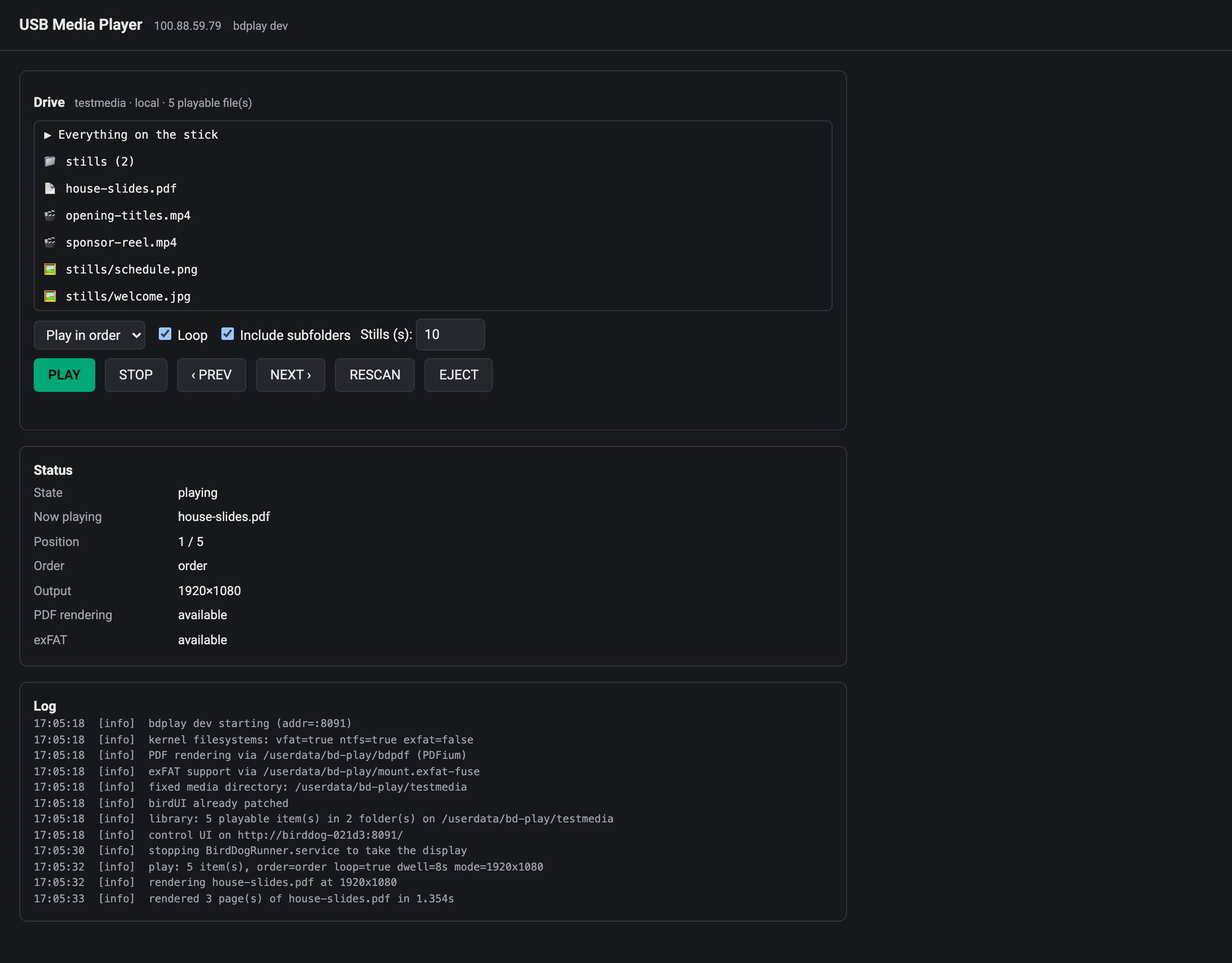 bdplay’s control page, showing a five-item library, transport controls, live status and log