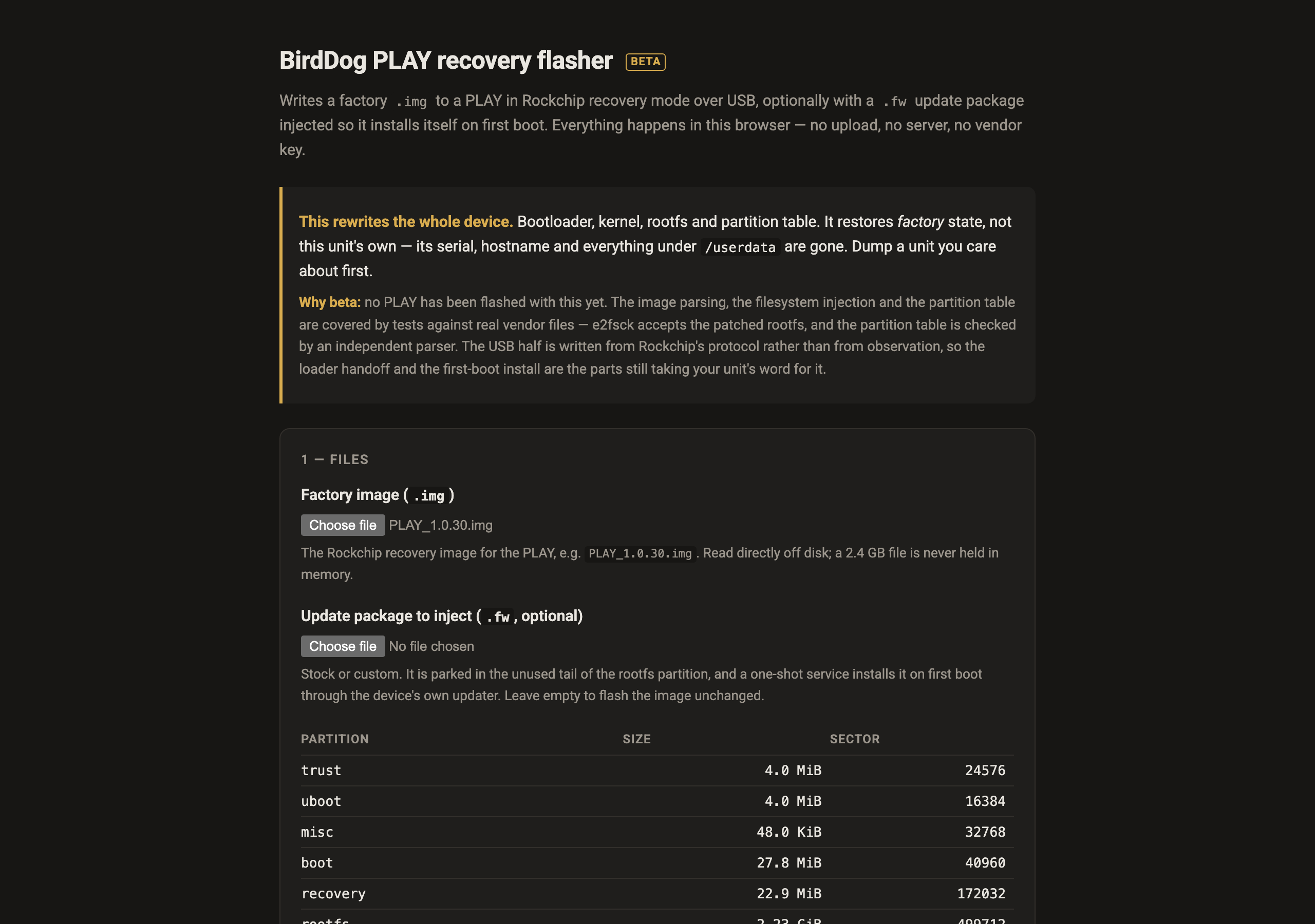 The page with a genuine factory image chosen, showing the parsed partition table