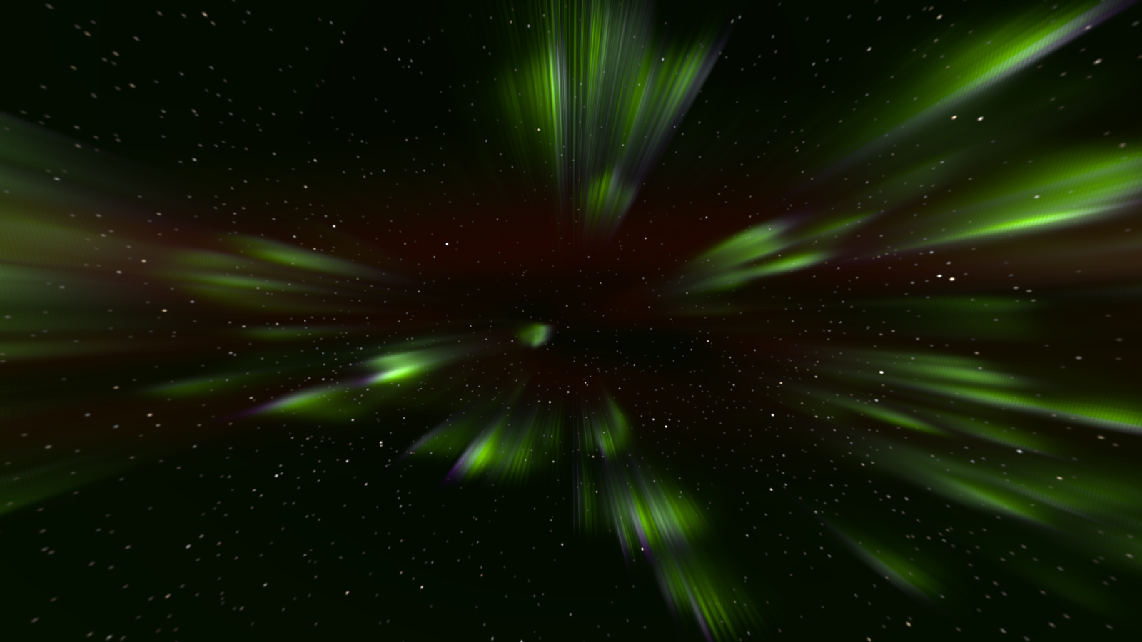 A corona overhead: green curtains with red tops converging on the magnetic zenith, stars behind