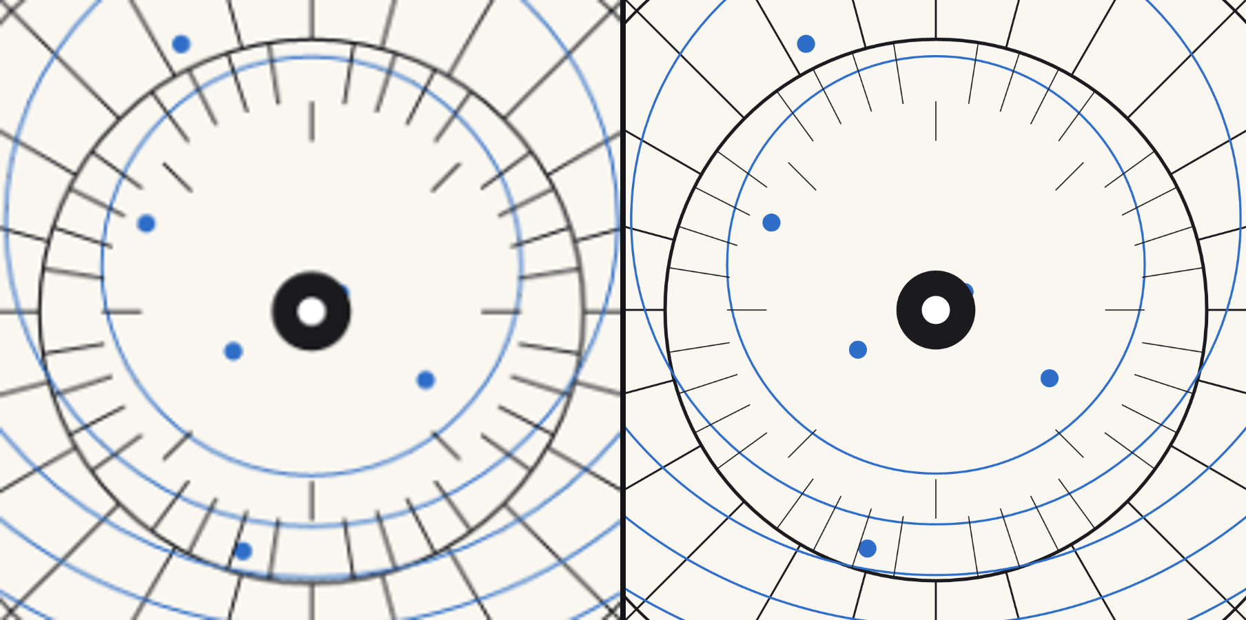 The same drawing at the same zoom: a PNG export magnified, and the plugin rebuilding it