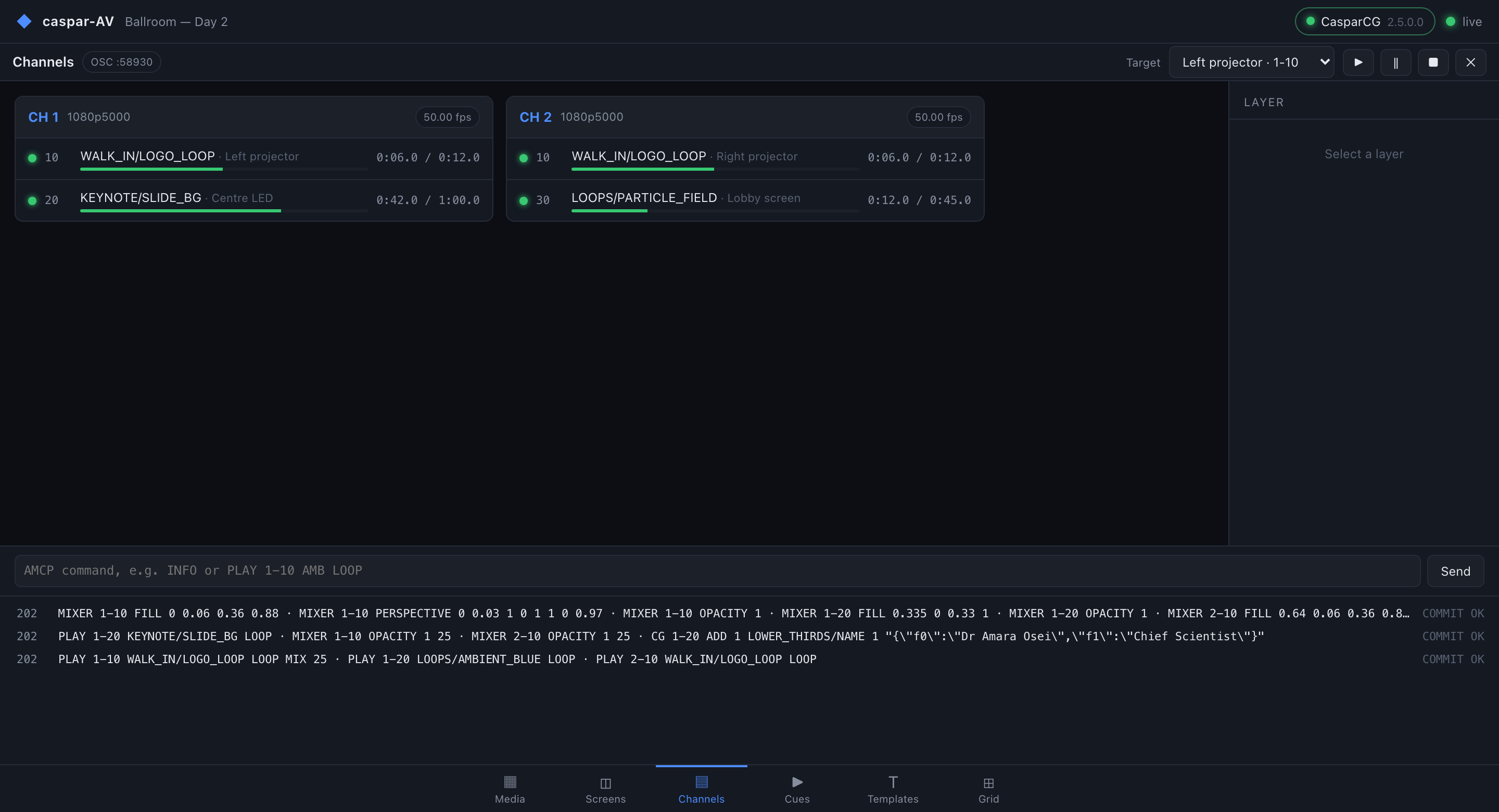 The Channels page: per-channel playback state from OSC telemetry, with a raw AMCP command line.