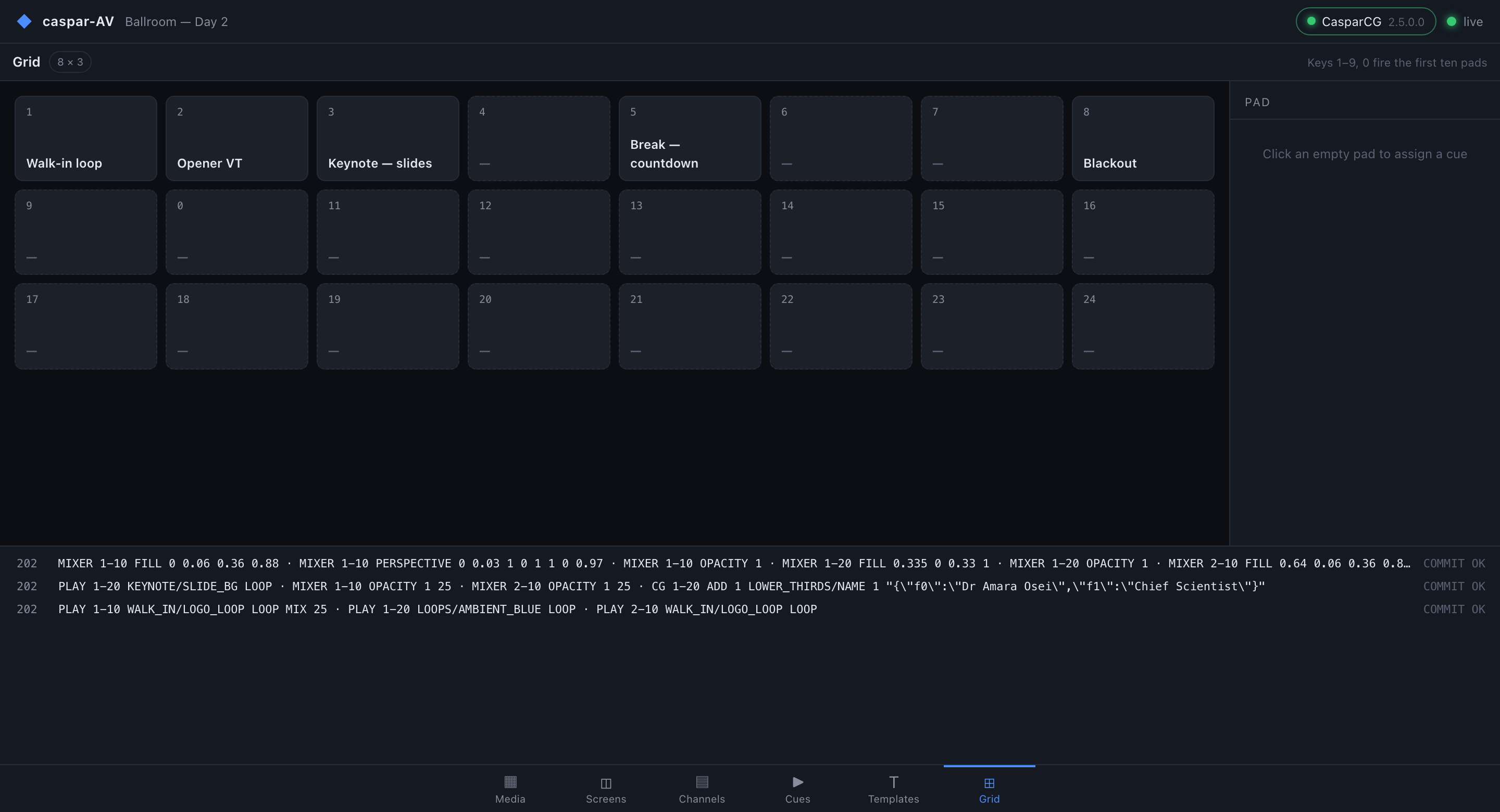 The Grid page: cues laid out as trigger pads.