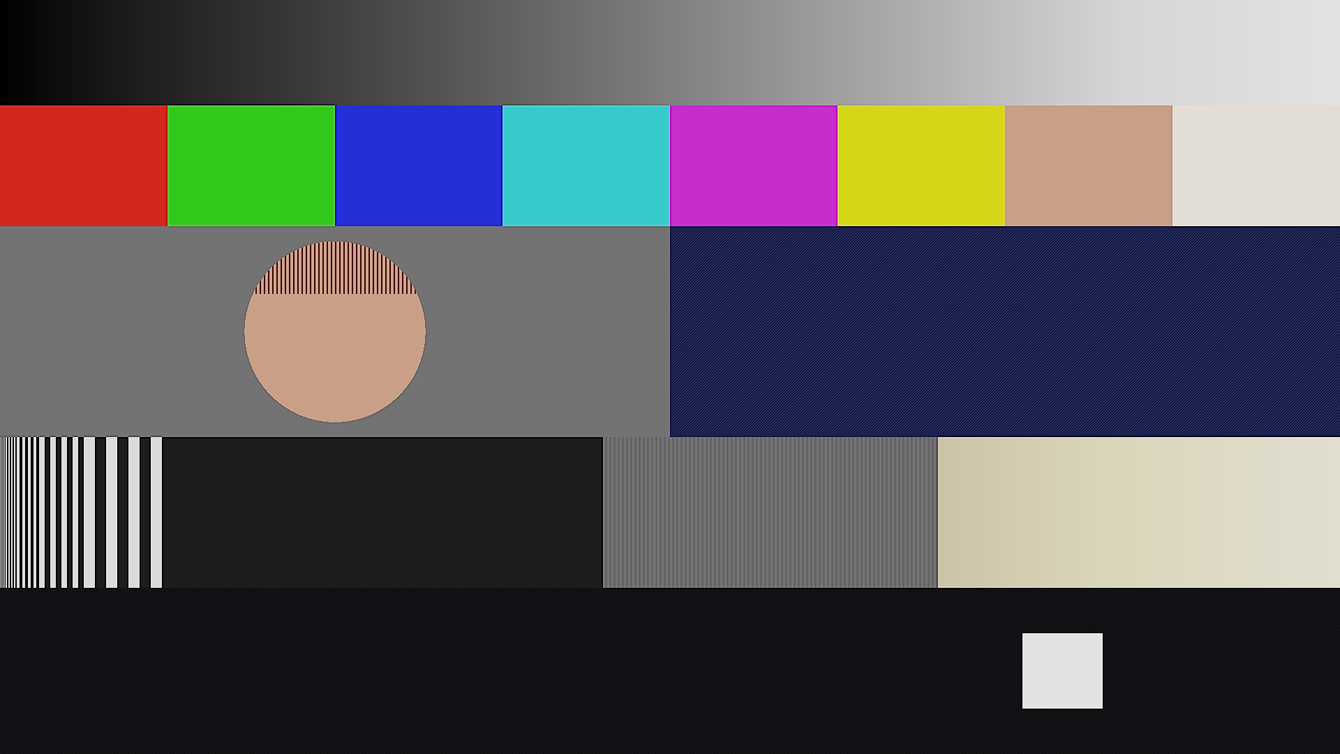 The test card through the chain at its defaults: halos on the bars, the top of the grey ramp gone milky through the knee, the skin disc softened while the jacket’s weave stays sharp