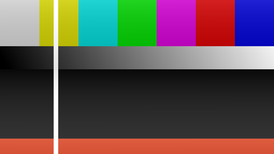A test card through a failing clamp: colour bars, a grey ramp whose dark end is crushed where the bars above pushed black down, and a dark ground that lightens toward the bottom of the field