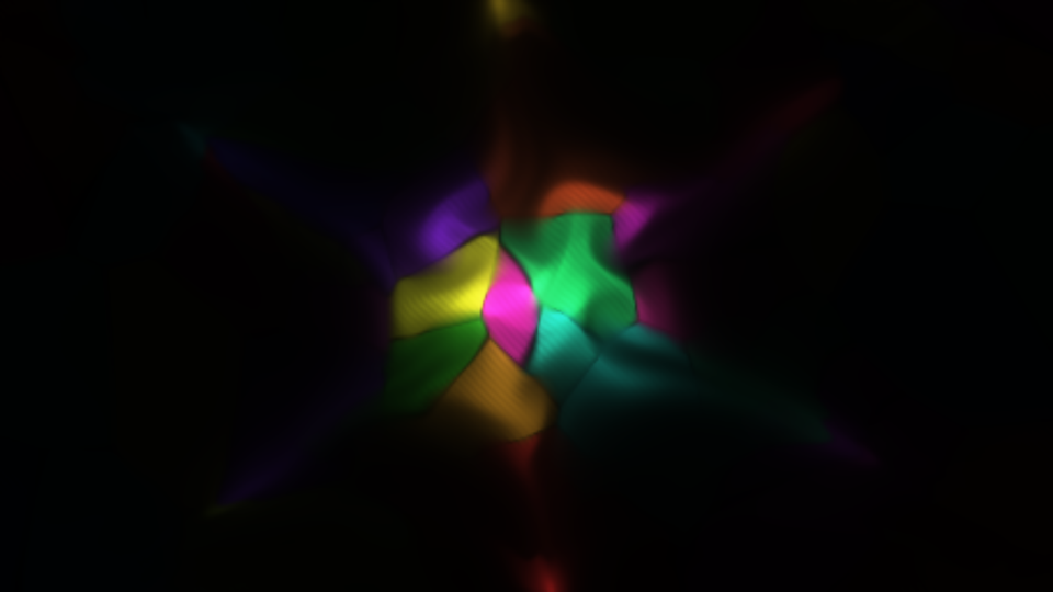 The default look: a ball made of the clip’s colours, a six-pointed star of faint jets leaking from it, on black