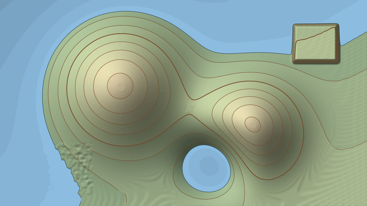 Two hills ringed by brown contours, closer together on the steep flanks, a heavier index contour every fifth line, hill-shading from the upper left, green-to-sand tints, a pale blue sea with a dark shoreline, and a round lake in a hollow