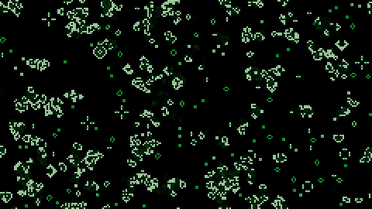The Game of Life after ten seconds: a soup burning down to ash, white newborn cells at the active edges, green still lifes and blinkers, dim trails where cells just died