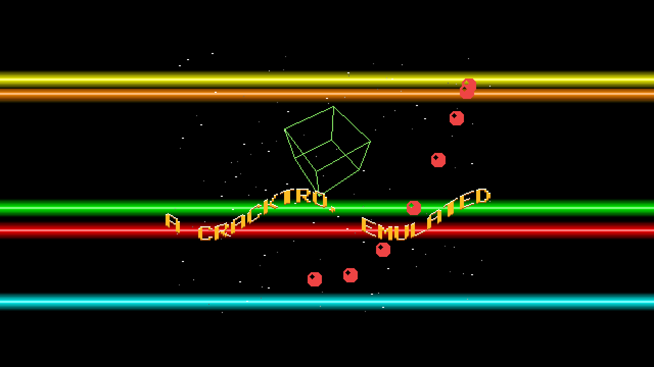 Copper bars, a sine scroller, a wireframe cube, bobs and a starfield