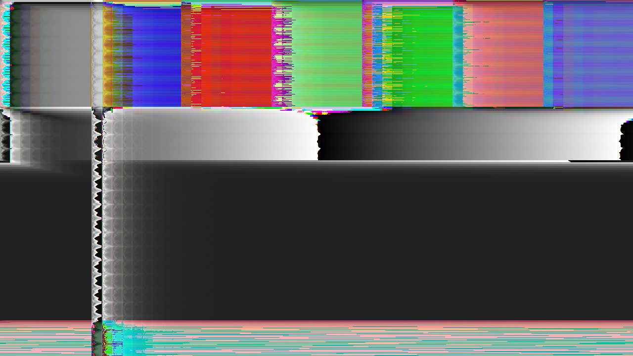Colour bars through an interleaved 8-bit stream that wraps: every bar’s hue rotated by an echo that lands one channel over, the ramp folding back to black past full scale, comb lines from the flanger, ringing from the phaser on the moving bar