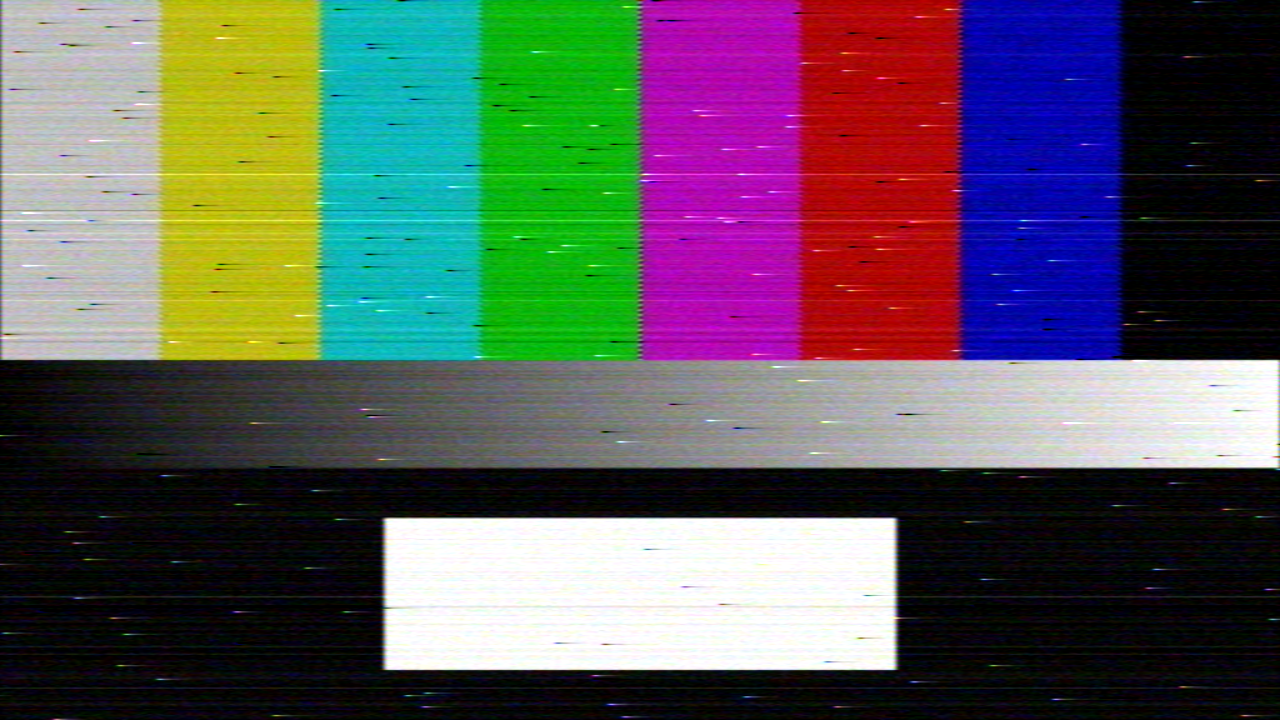 Colour bars, a grey ramp and a white box on black, received over a satellite link just below threshold: short white and black horizontal streaks scattered over the picture, black ones on the white box and white ones on the black, a few whole lines a shade brighter or darker where the clamp caught a click on the porch