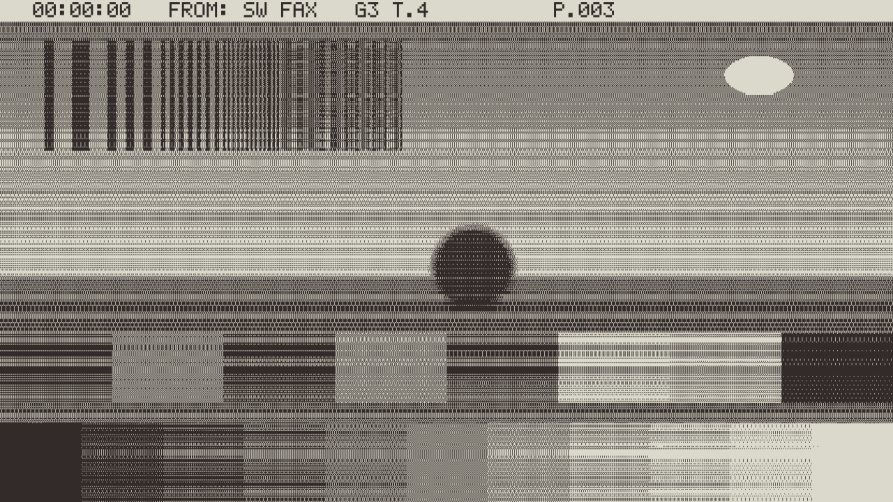 The test card as a received fax on warm-grey thermal paper: a header line with the time, “FROM: SW FAX” and a page number; the sky and the colour patches rendered as ordered-dither halftone; a resolution wedge of black bars; a dark disc; and here and there a line repeated from the one above, where the receiver concealed a bit error