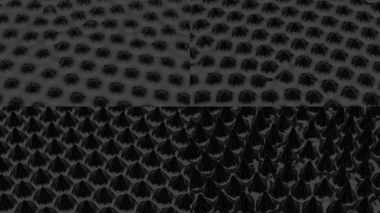 Four views of the same pool at increasing drive: low rounded spikes; slightly taller ones; tall cones; very tall sharp cones crowding the frame, the spacing between them the same in all four