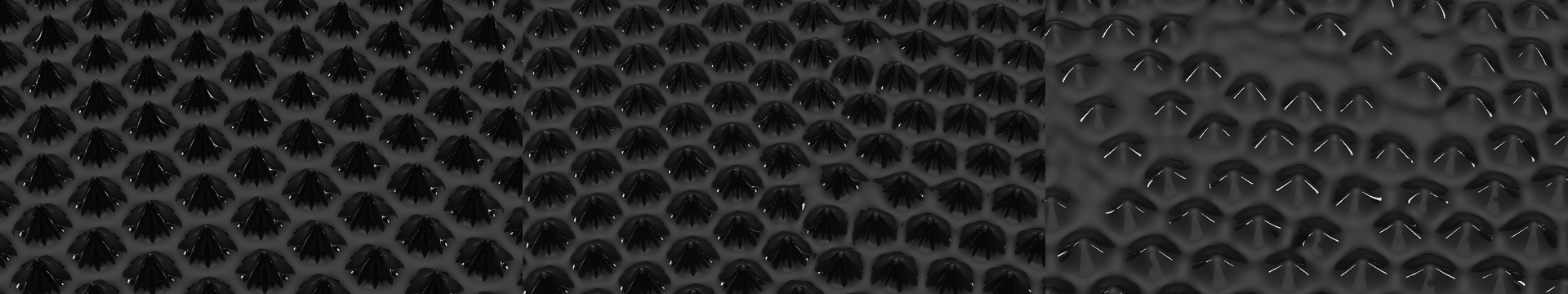 The same drive on three fluids: tall black cones; slightly shorter ones closer together; low rounded bumps with long bright highlights