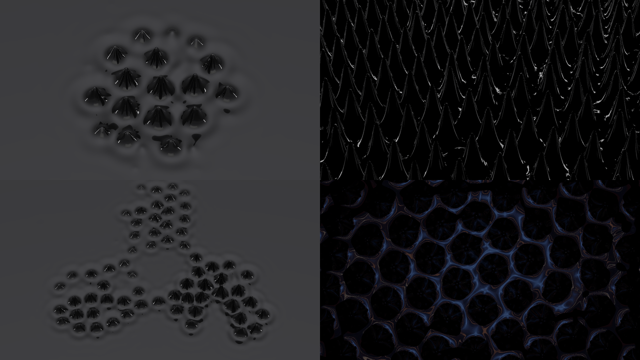 Four frames: a small hexagonal patch of glossy black spikes on a grey ground; a forest of tall sharp black spikes seen from low down, each outlined by a thin bright rim on black; three patches of spikes in a triangle on a grey ground, the right-hand patch the tallest; a clip of blue light broken into a lattice of dark discs with a web of blue lines between them