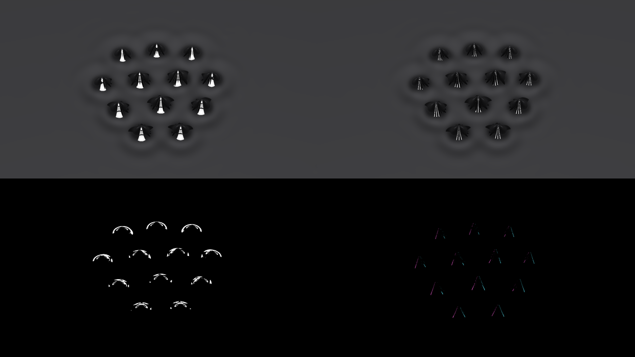 Four lighting setups on the same patch: white stripes down every spike on grey; three thin lines down every spike on grey; bright arcs on black; magenta and cyan lines on black
