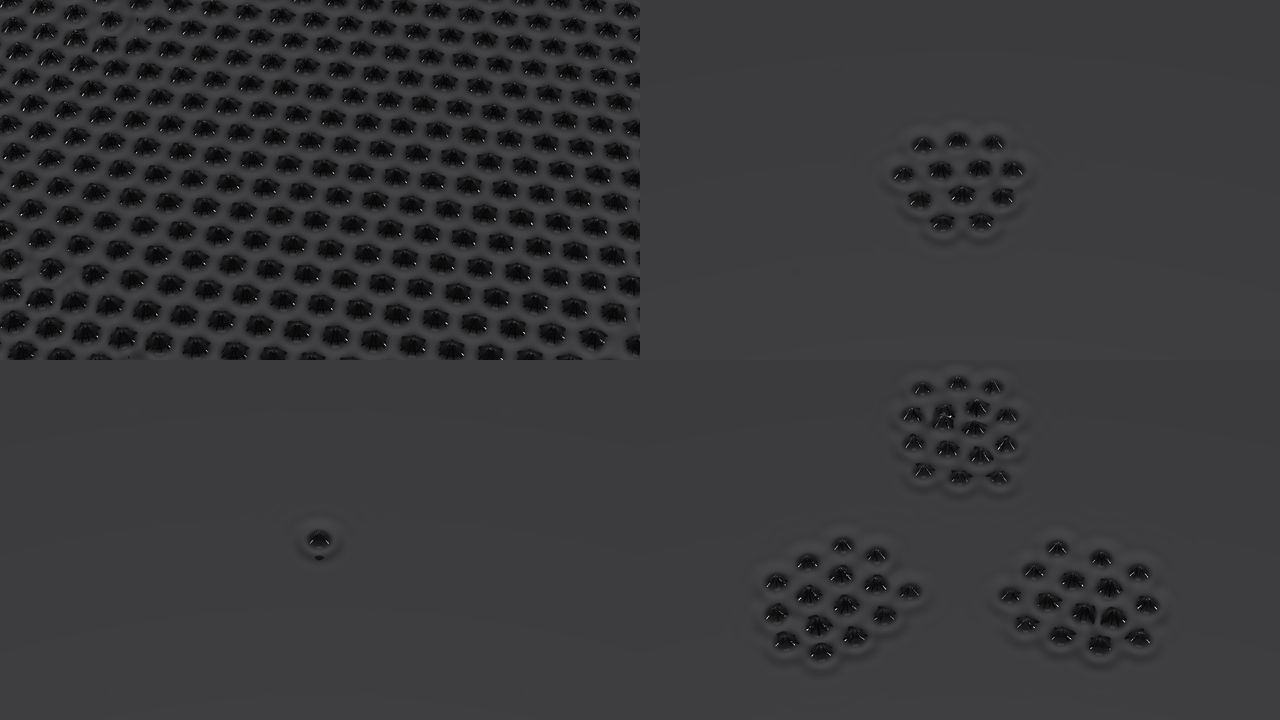 Four views of the pool at a wider field: the whole frame full of spikes; one hexagonal patch in the middle; a single spike in the middle; three patches on a triangle