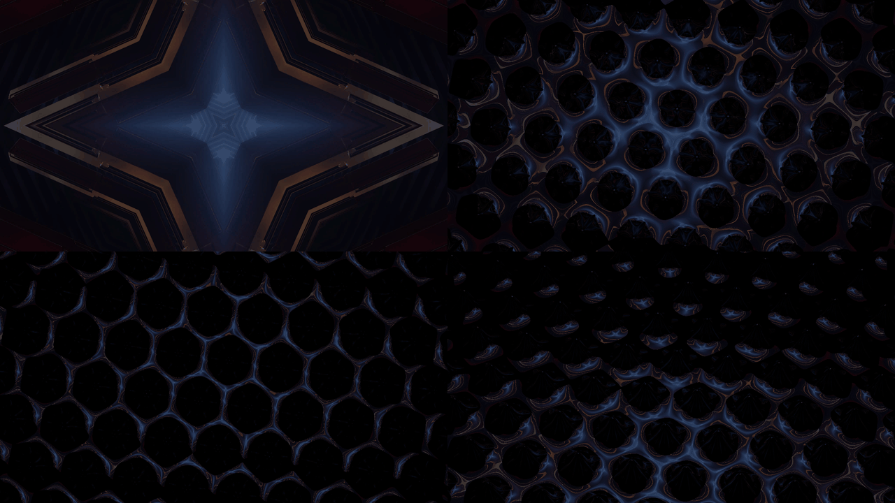 The clip on a flat pool, whole; broken into a lattice with plenty of the clip between the spikes; a web of thin blue lines between dark discs; the same seen from 35°, darker towards the top