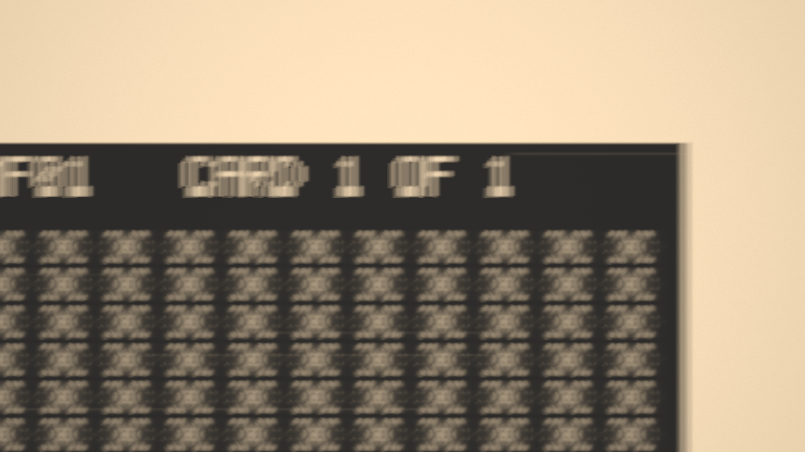 A crash zoom out to the top right corner of a microfiche card: the eye-readable header CARD 1 OF 1, a grid of frames each holding the clip, the clear glass of the reader beyond the card’s edge, and the whole picture still smeared and soft from the zoom