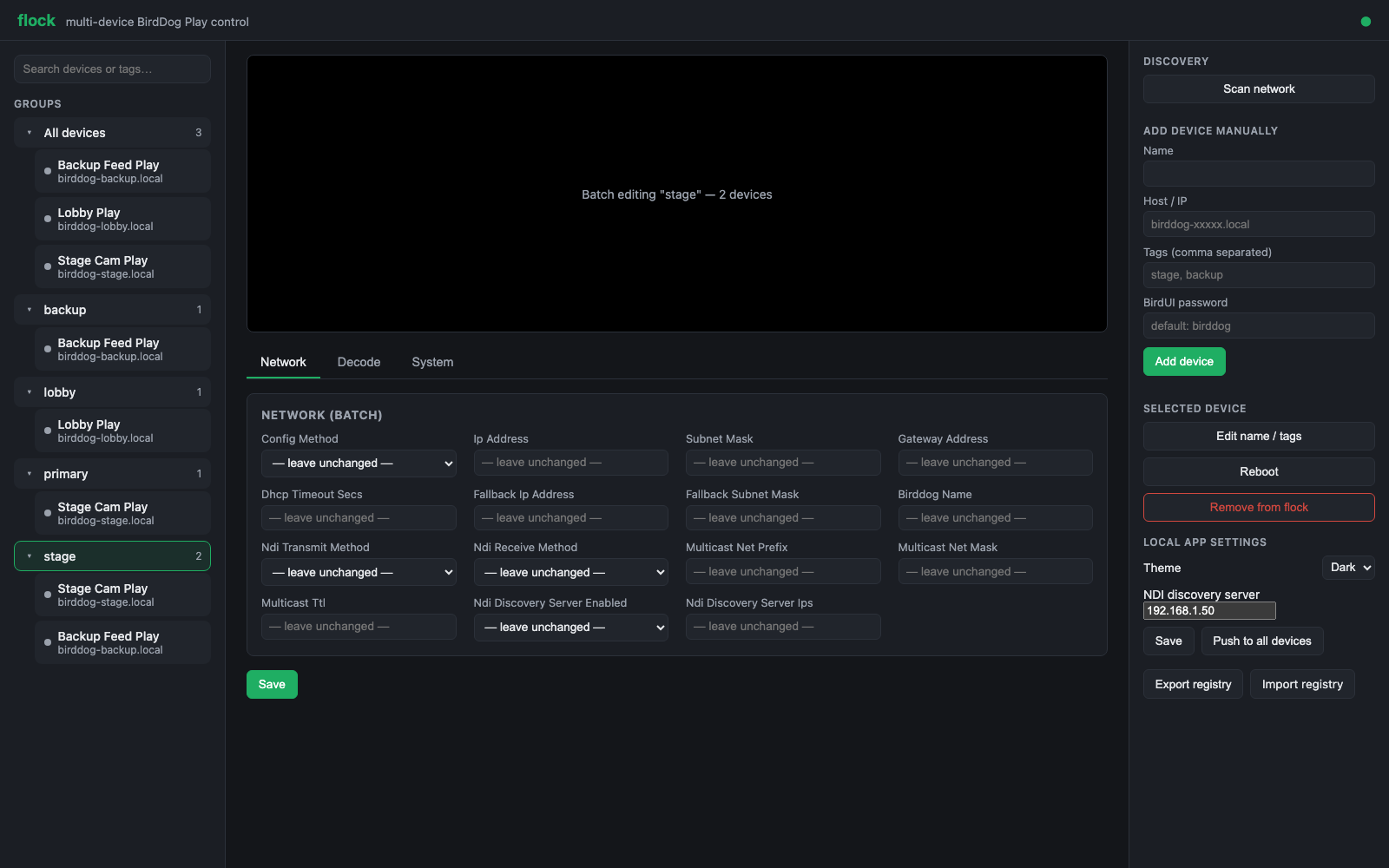 Batch-editing the “stage” group: every field defaults to “leave unchanged”, so only what you set is written.