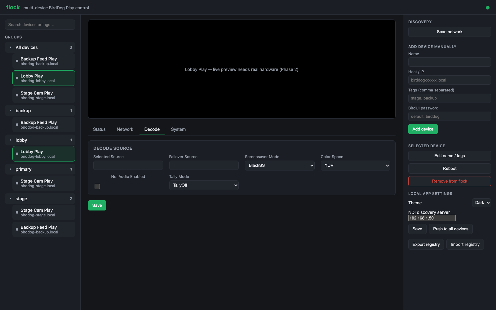 The Decode tab, where a device’s NDI or SRT source is chosen.