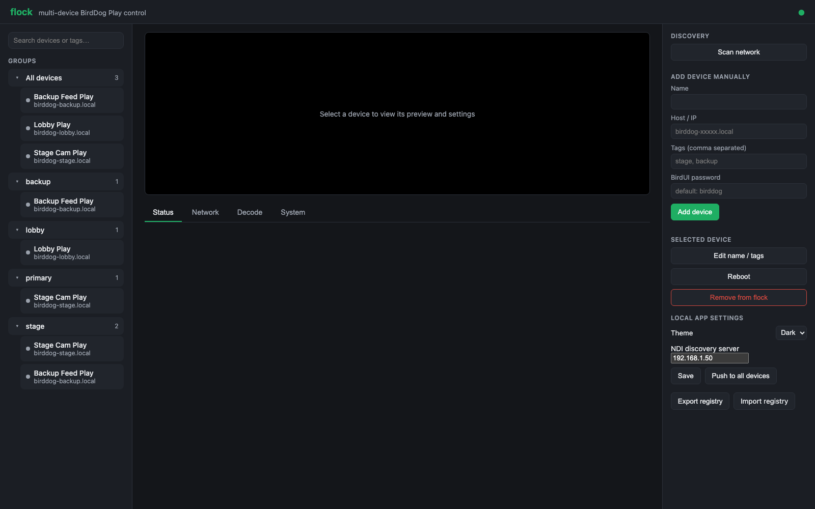 The flock window: grouped device list on the left, the selected device’s preview and settings tabs in the middle, discovery and device actions on the right.