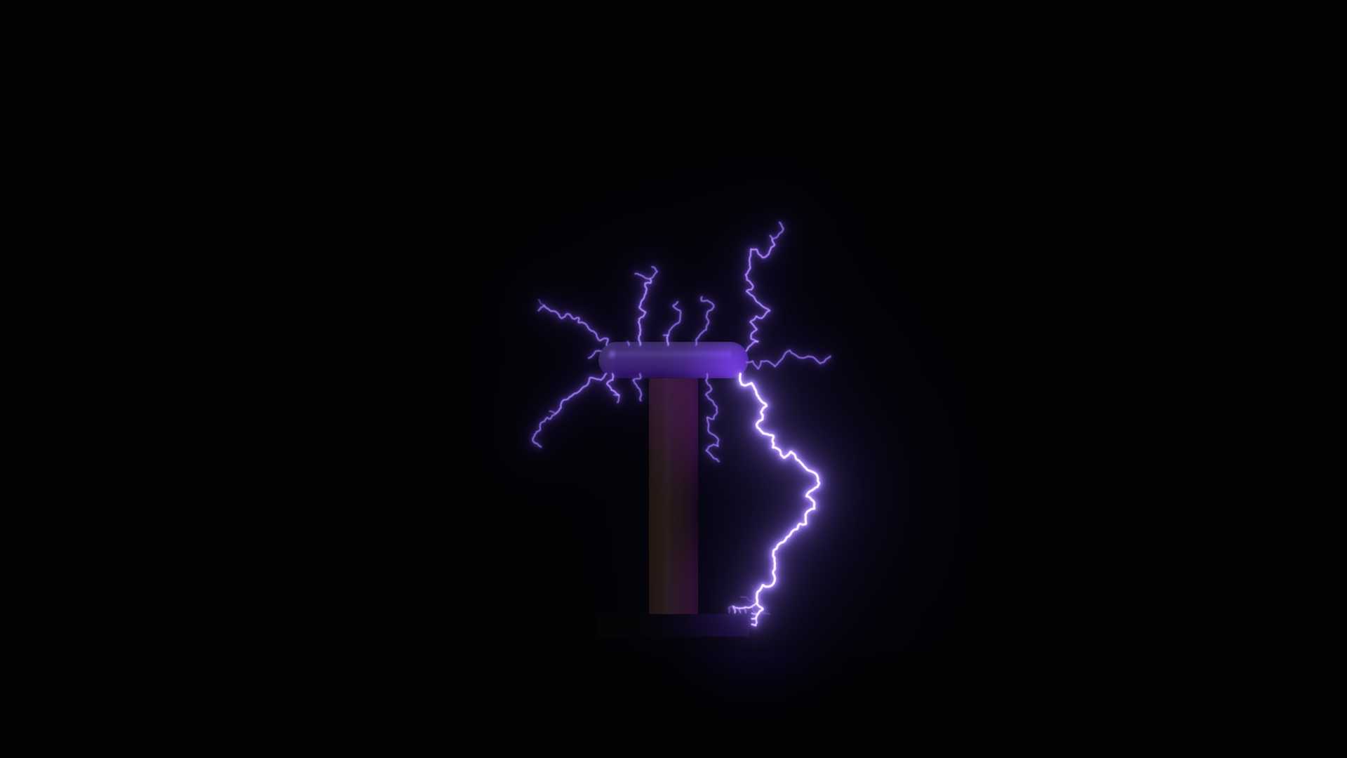 A Tesla coil firing: violet streamers branching off the toroid into the air, and one white-hot strike down to the grounded base