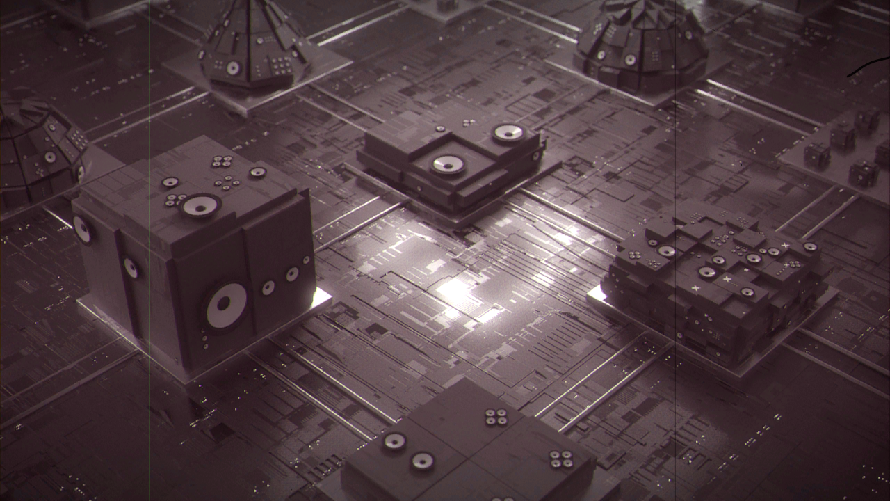 Resolume’s demo clip Beat 001 through the projector: a grey machine landscape gone faintly pink, a green gate scratch down the left, the corners falling off, a hair caught at the top right of the gate
