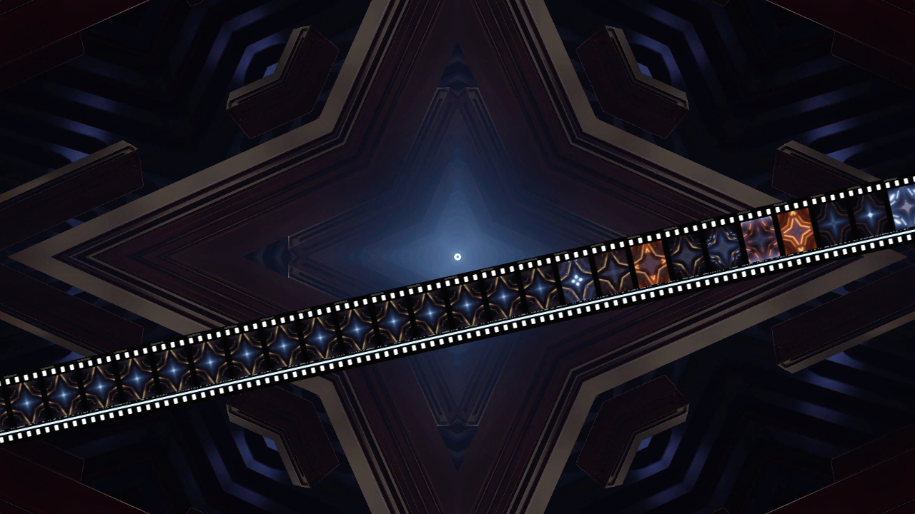 A strip of 35 mm film running diagonally across a kaleidoscopic clip, each frame of the strip holding a moment of the same clip a little further in the past, two of them glowing orange where the clip did a moment ago