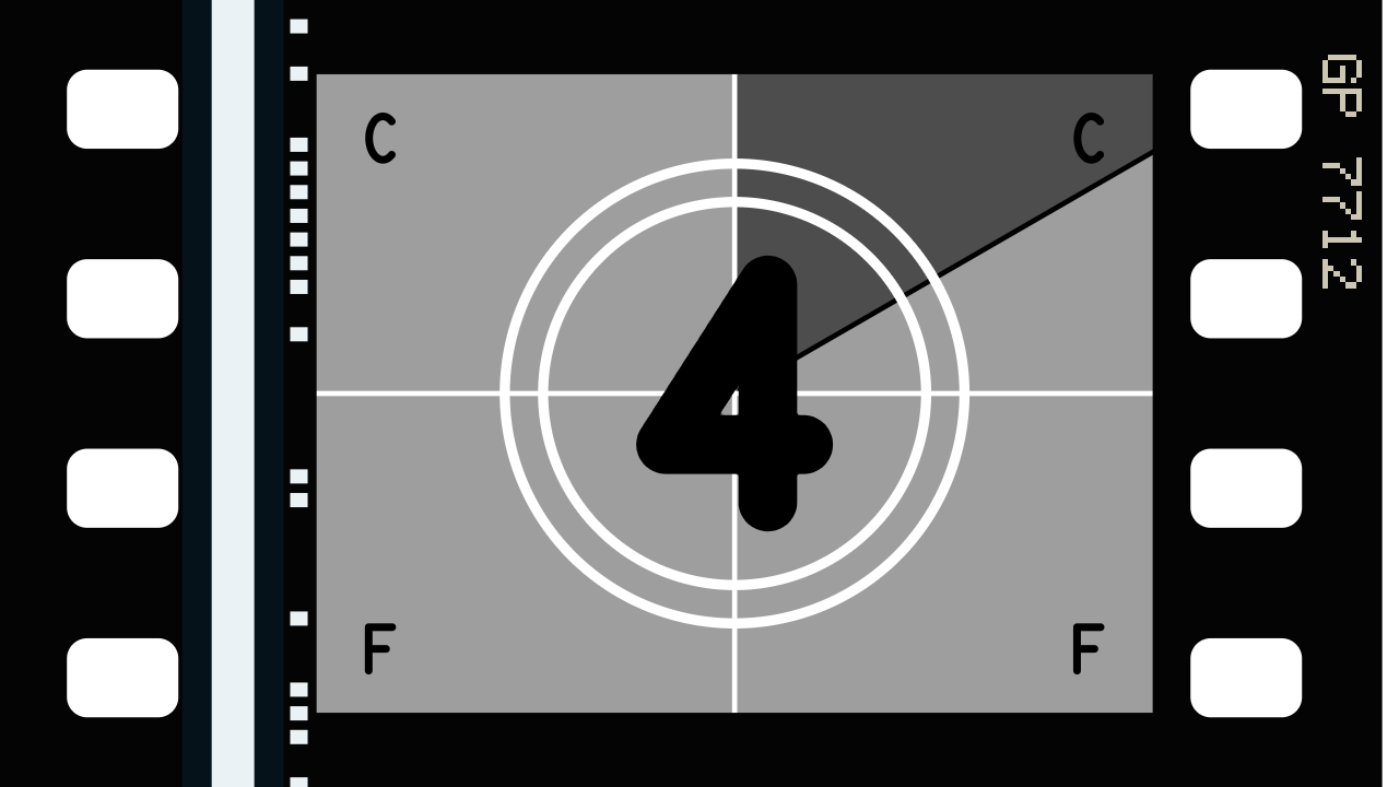 The countdown on a 35 mm print: a grey frame with two white rings, a white crosshair and a large black 4, the frame gone dark behind a hand a sixth of the way round from twelve, the letters C C F F in the corners, the soundtrack and DTS down the left and the stock’s code on the right