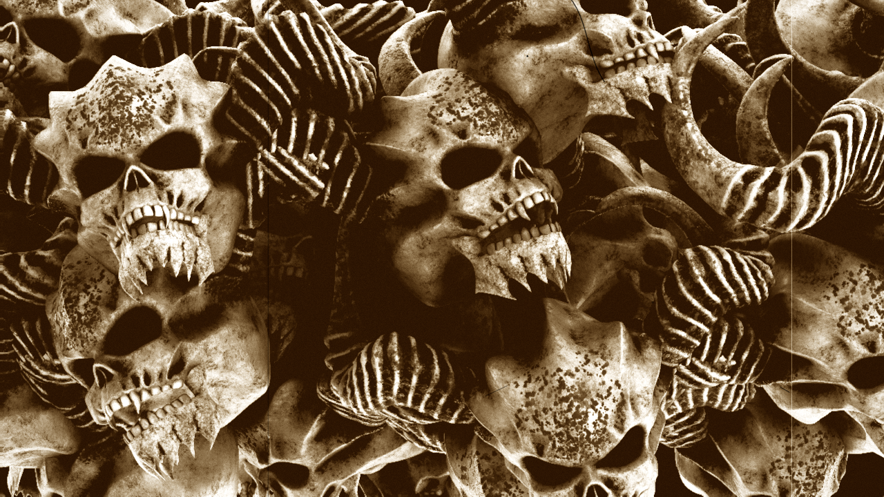 A heap of horned skulls in warm sepia, the shadows deep brown and the highlights cream, with a faint grain, a thin dark scratch down the frame and a hair curling in at the top