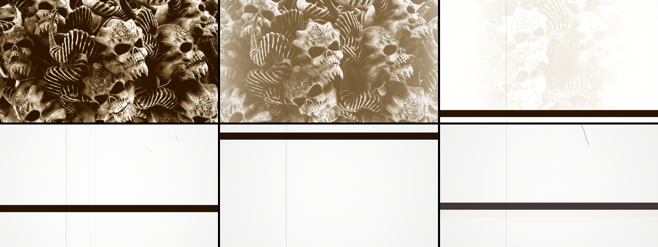 Six frames of a run-out on the skull clip: the sepia picture, the picture washing out, nearly white with a dark frame line at the bottom, then three blank white cells with the dark frame line at different heights