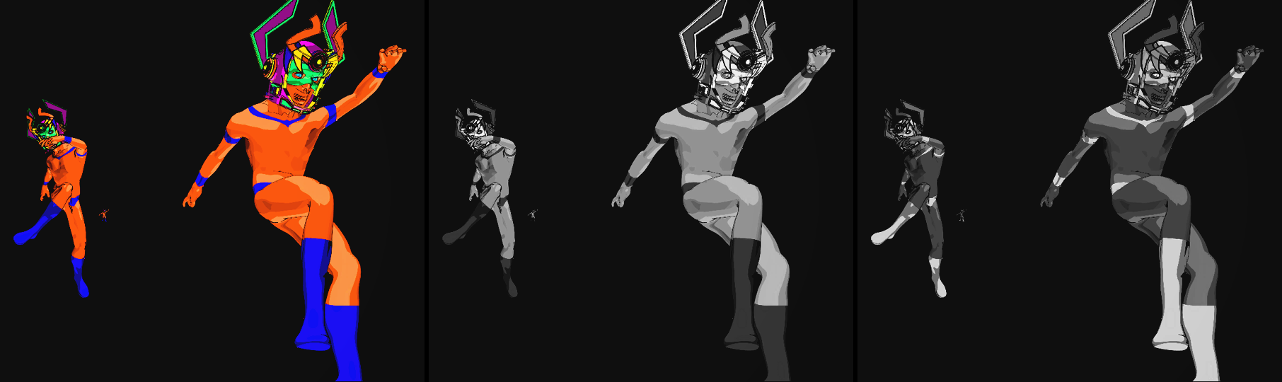 The same frame of two dancing figures three times on black. Left, in colour: orange skin, blue boots and a green and magenta mask. Middle, in panchromatic black and white: the skin light grey and the boots dark. Right, in orthochromatic black and white: the skin dark grey and the boots nearly white