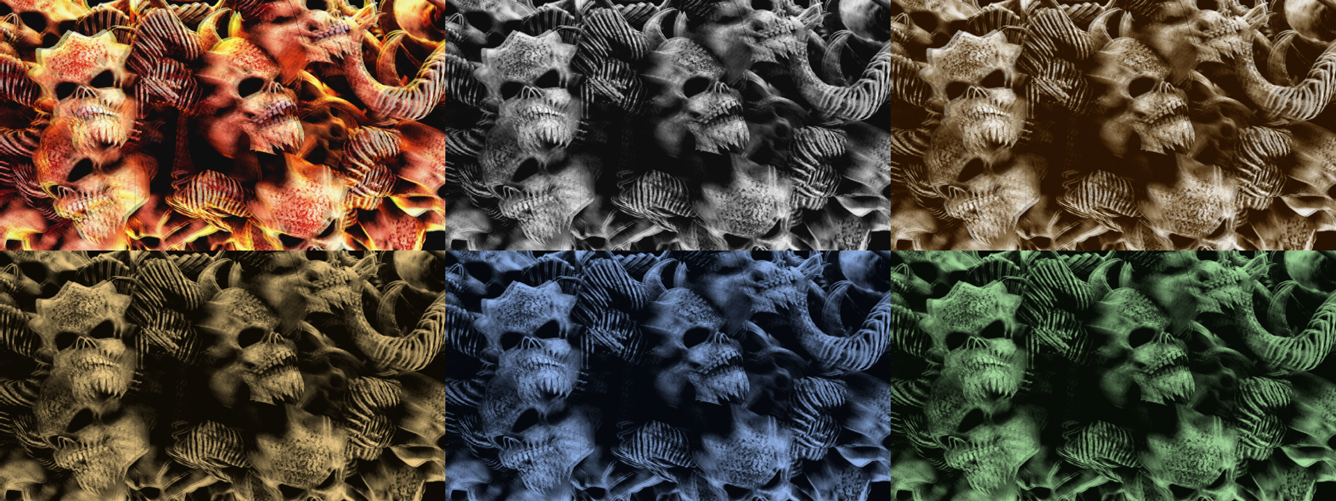 The skull clip six times, in two rows of three: in its own fiery orange colours, in black and white, sepia toned with brown shadows and cream highlights, and tinted amber, blue and green with black shadows