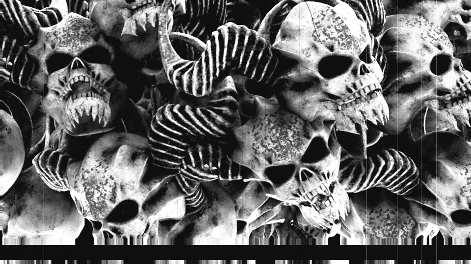 A black-and-white heap of horned skulls criss-crossed by thin vertical scratches, most of them white and one or two dark, with dark specks of dust, a hair curling down from the top edge onto a skull right of centre, and at the bottom a band of vertical streaks, a solid black frame line and a sliver of the next frame below it