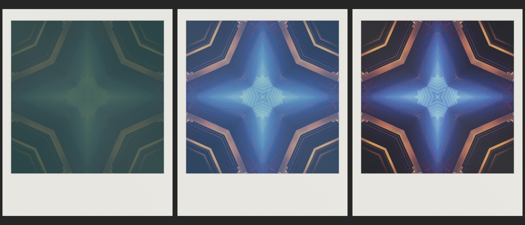 Resolume’s demo clip IntoTheGlow as three moments of one print: a dark green-grey frame with the picture just showing through, the same print pale and blue a second later, and the finished print warm and dense