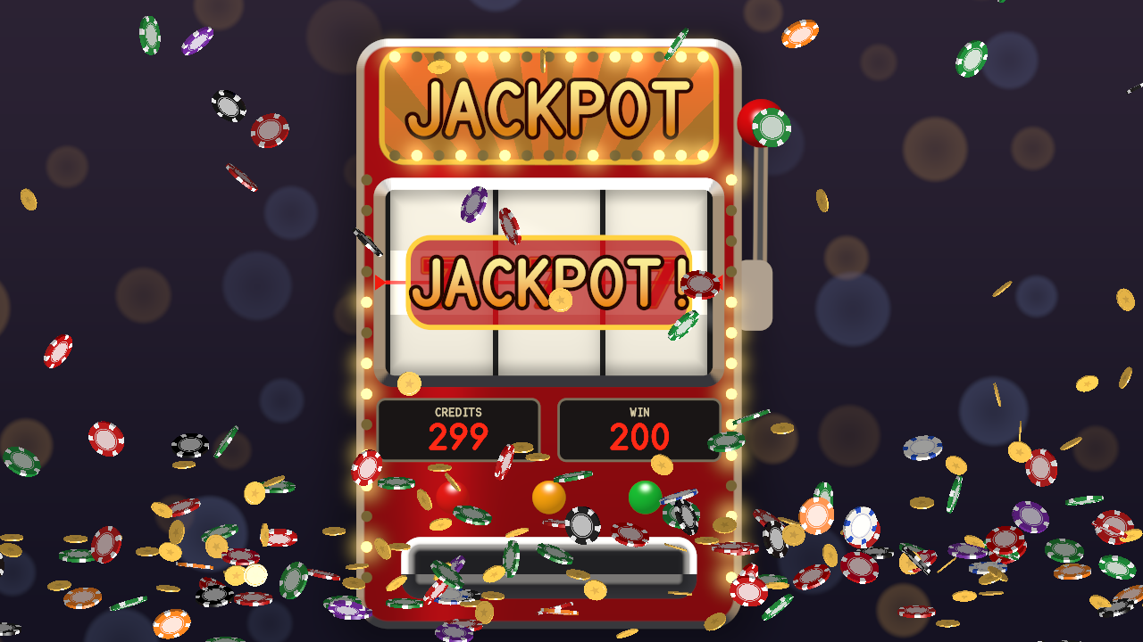 A red fruit machine showing three sevens under a JACKPOT! banner, credits counting up, chips and gold coins falling past it