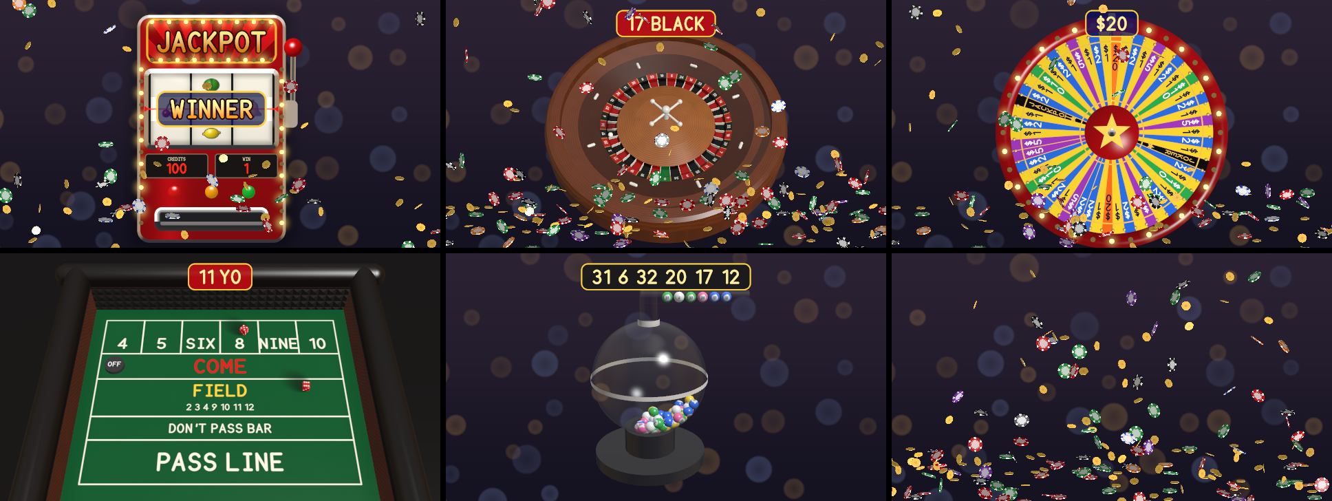 Six frames: the slot machine on a win, the roulette wheel at rest on 17 black, the money wheel on $20, a craps table on 11, the lottery drum with six balls on the rack, a fountain of chips and coins
