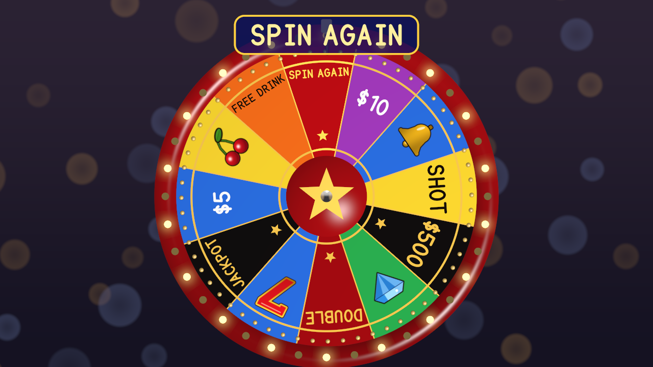 A twelve-segment money wheel from a wheel file: JACKPOT and $500 in black with gold stars, SPIN AGAIN and DOUBLE in red with gold stars, cherries, a bell, a diamond and a seven from the slot machine’s reels, and SPIN AGAIN on the result board