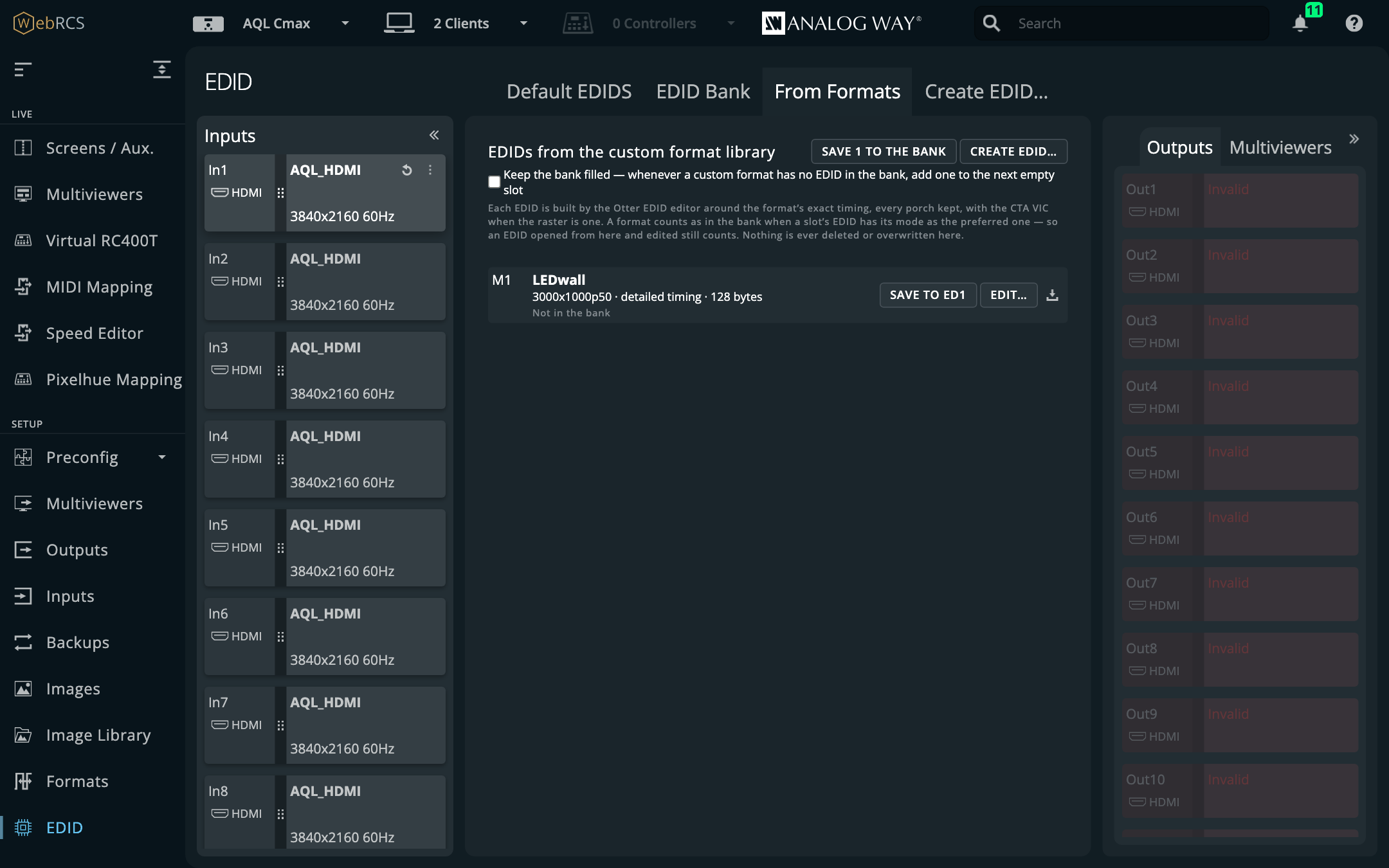 Setup ▸ EDID ▸ From Formats: custom format M1, “LEDwall”, 3000x1000p50 as a detailed timing, not in the bank yet, with Save to ED1 and Edit…