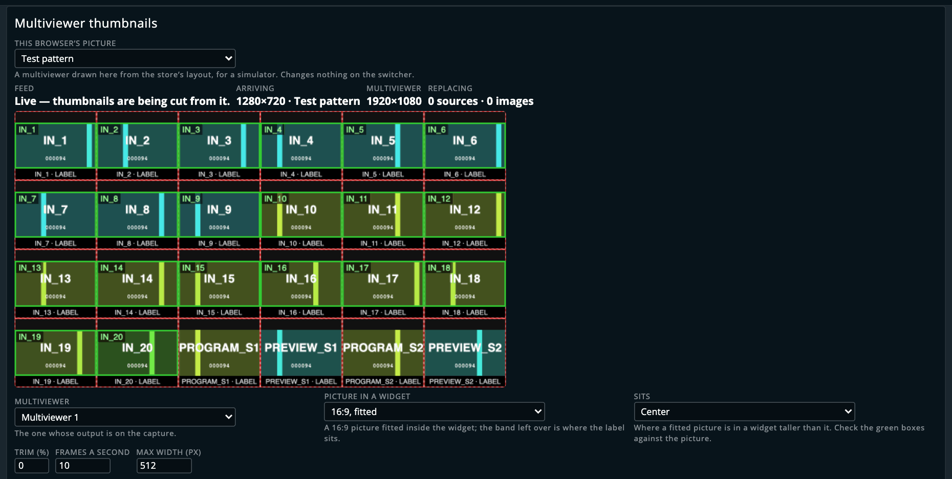 The Multiviewer thumbnails card on the test pattern: multiviewer 1 as six by four widgets, IN_1 to IN_20 and the four PGM and PRW widgets, each widget dashed and each cut boxed in green, with the settings beneath