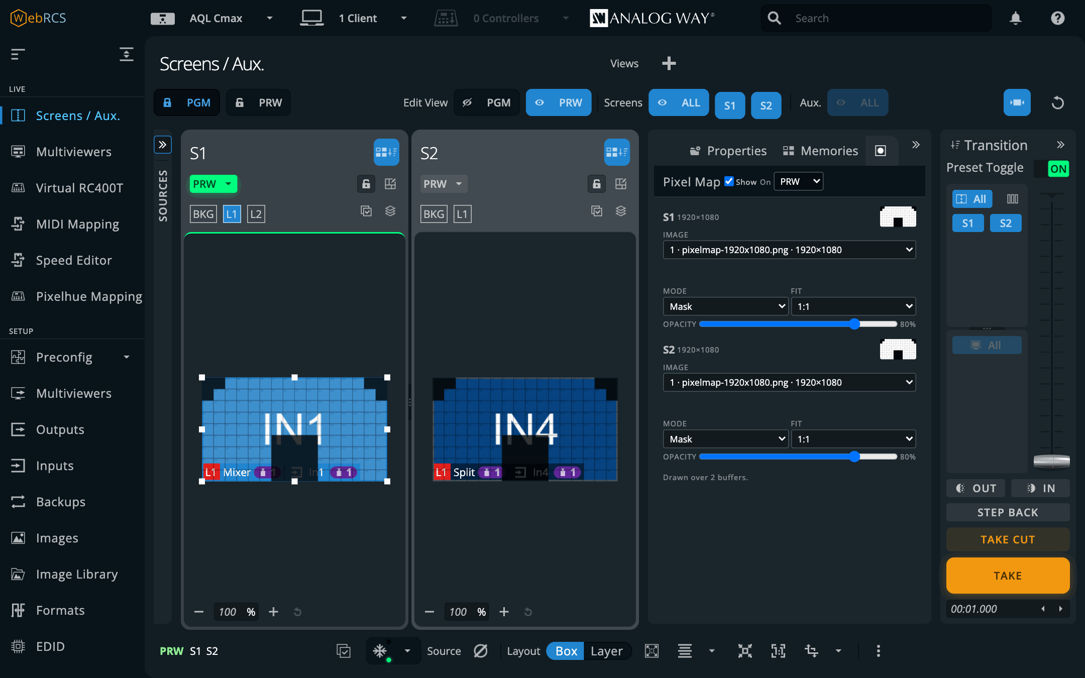 Screens / Aux. with only PRW showing and the Pixel Map tab open: one map from library slot 1 on S1 and S2 in Mask, IN1 and IN4 showing only inside the wall’s panels, and S1’s layer selected with its handles over the map