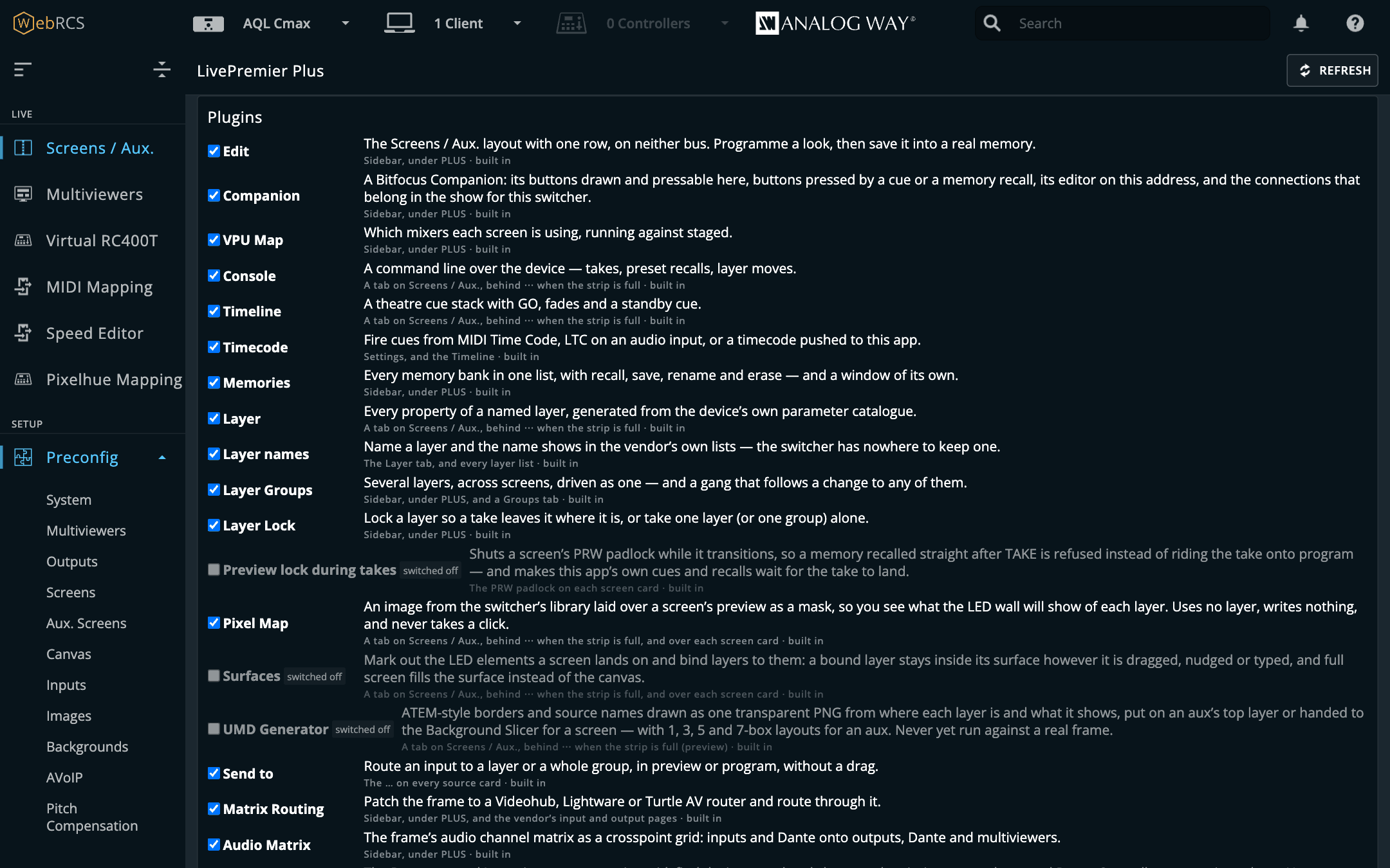 Preconfig ▸ LivePremier Plus → Plugins: every feature with its switch, what it does and where it lives